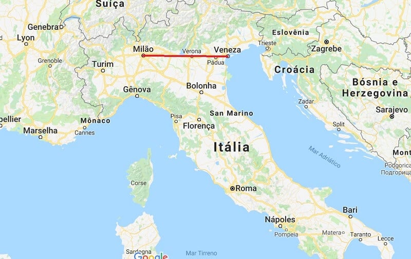 Mapa da viagem de Veneza a Milão