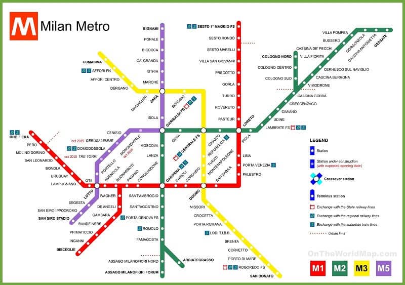 Mapa das linhas de metrô de Milão