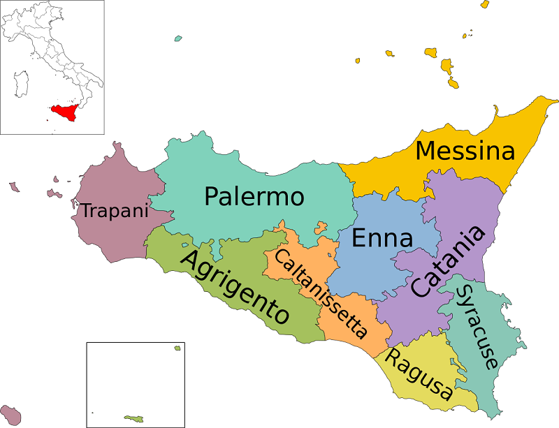 Mapa com as regiões de Sicília