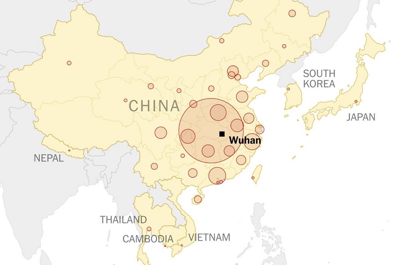 Mapa que mostra a cidade de Wuhan na China