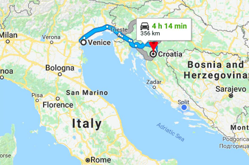 Mapa comparativo de tempo entre Veneza e Split