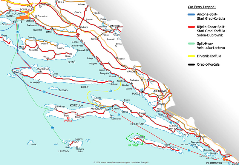 Mapa de rotas de ferries entre Itália e Croácia