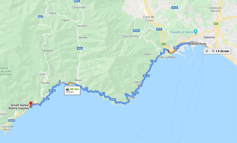 Mapa da viagem de Salerno para Amalfi 