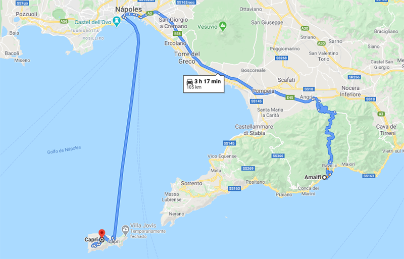 Mapa da viagem de Amalfi para Capri 