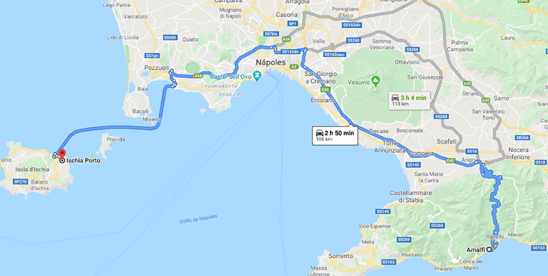 Mapa da viagem de Amalfi para Ischia 