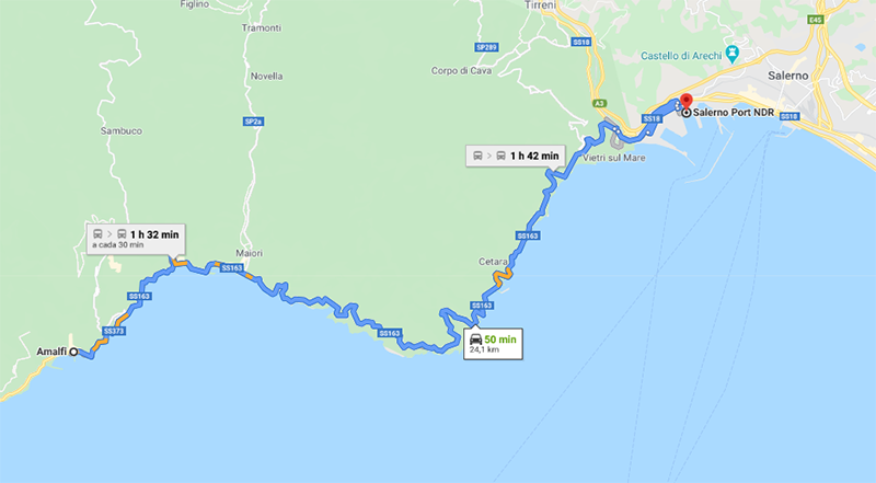 Mapa da viagem de Amalfi para Salerno 