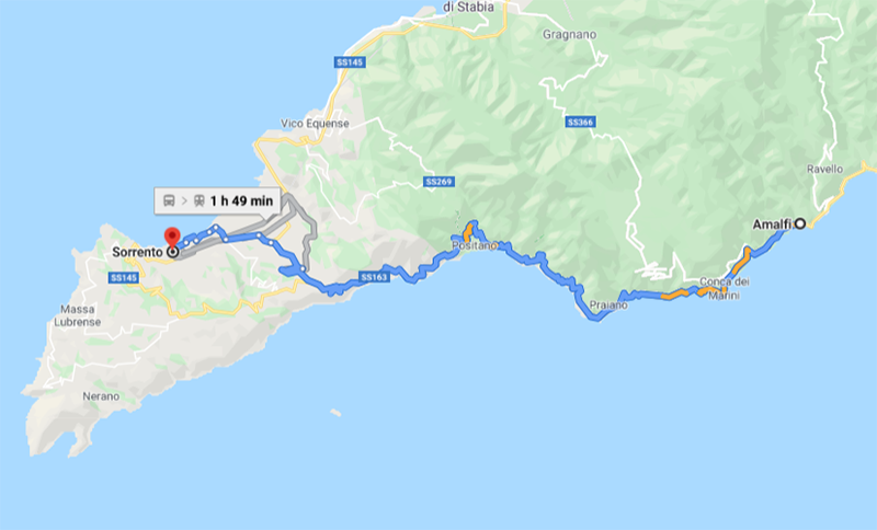 Mapa da viagem de Amalfi para Sorrento