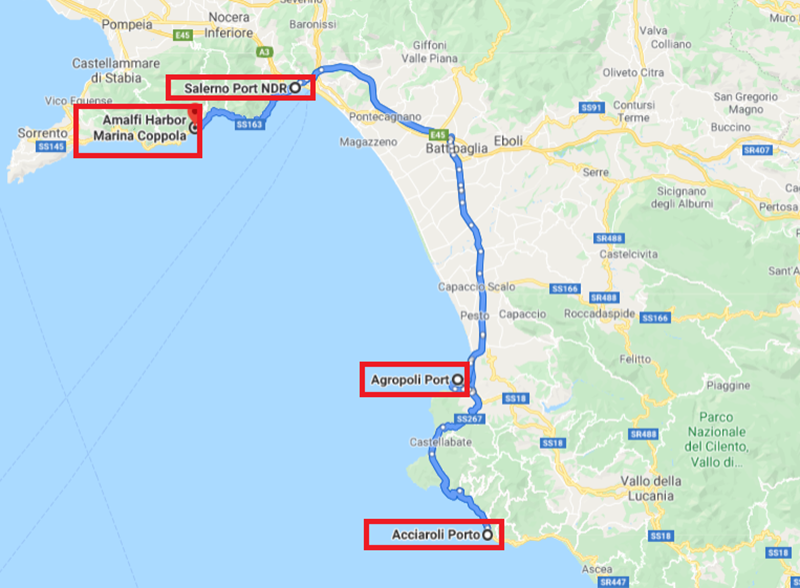 Mapa de rotas saindo de Salerno