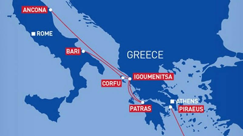 Mapa de viagens de ferry entre Itália e Grécia