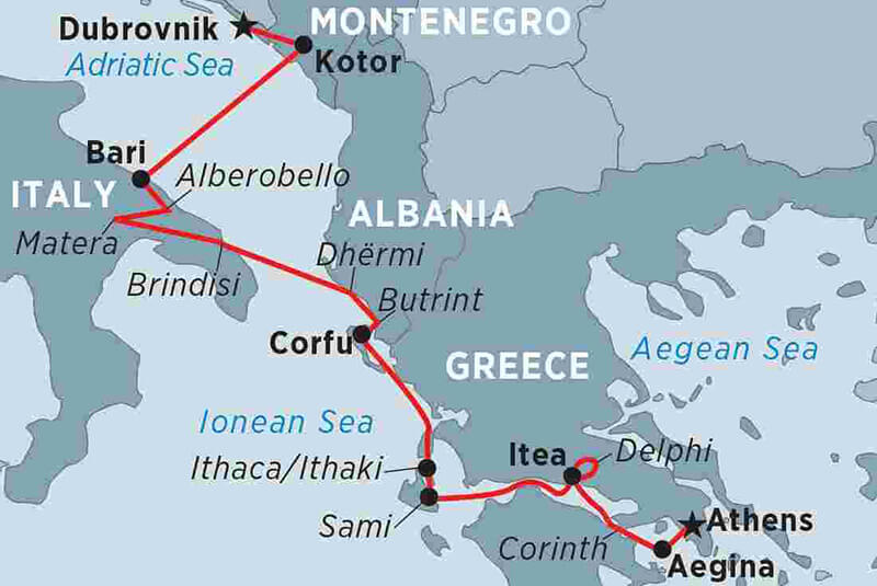 Mapa de possíveis rotas de ferries entre Itália e Grécia