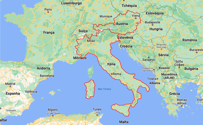 Mapa da Itália e da Áustria