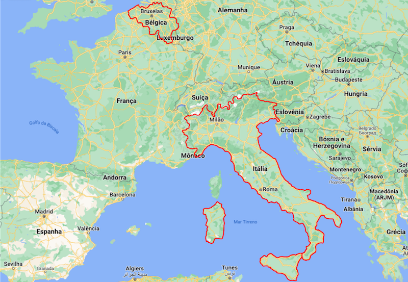 Mapa da Itália e da Bélgica