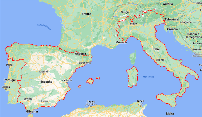 Mapa da Itália e da Espanha