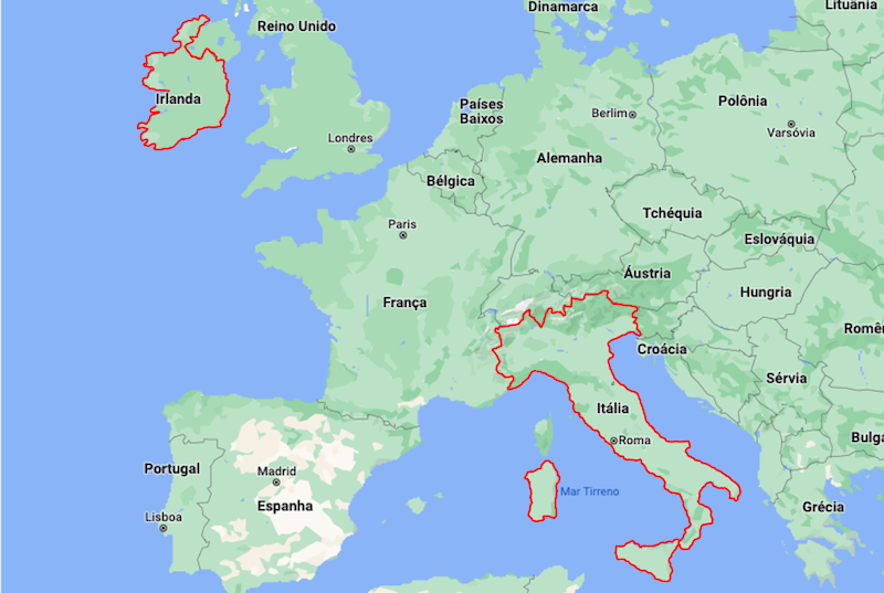 Mapa da Itália e da Irlanda