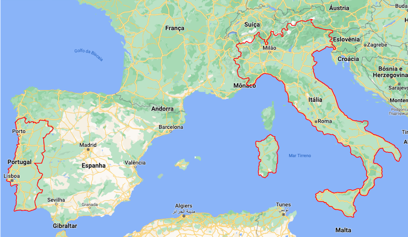 Mapa da Itália e de Portugal