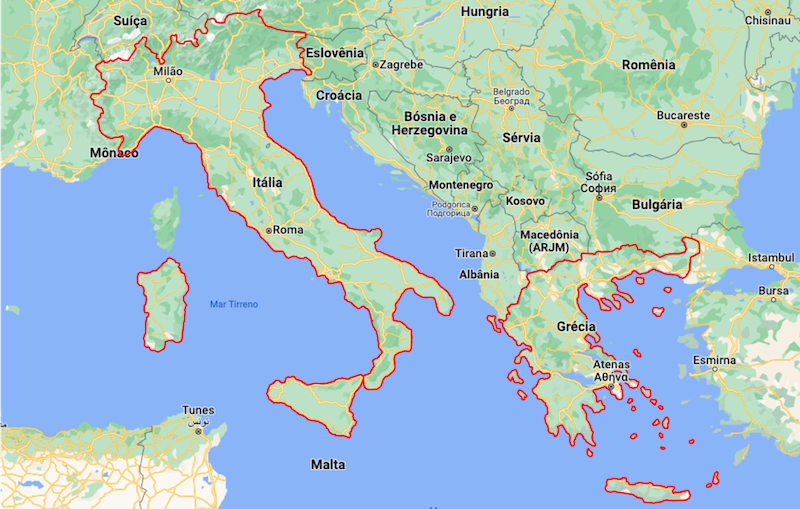 Mapa da Itália e da Grécia