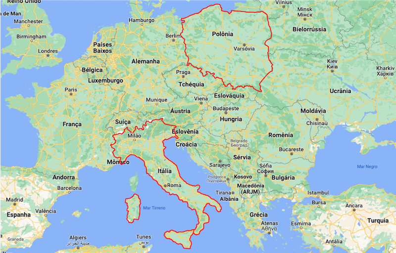 Mapa da Itália e da Polônia