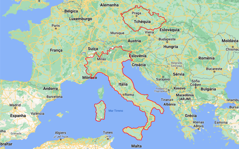 Mapa da Itália e da República Checa