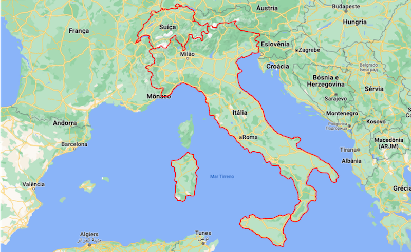 Mapa da Itália e da Suíça