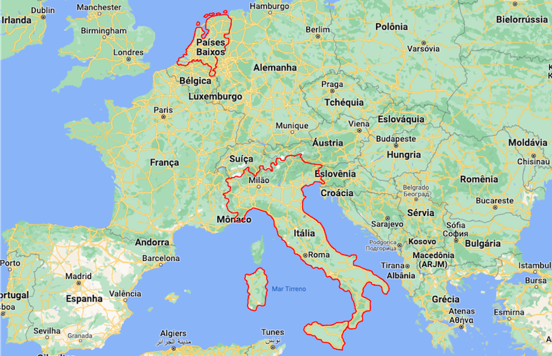 Mapa da Itália e dos Países Baixos