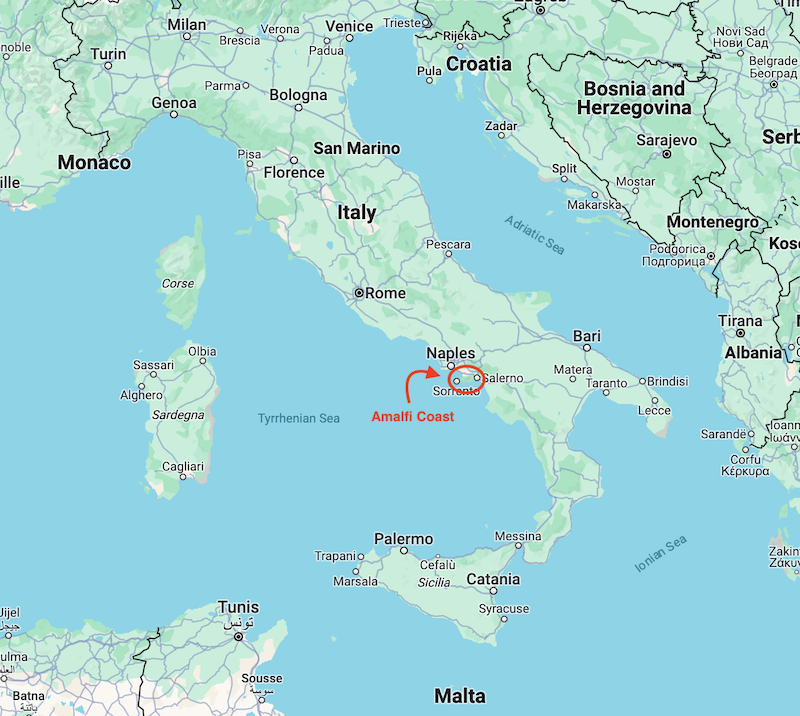 Mapa de Roma e Costa Amalfitana na Itália